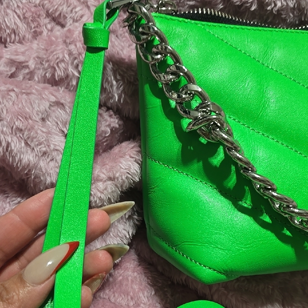 Rebecca Minkoff Neon Green Crossbody Bag with Silver Chain Detail - Picture 4 of 8